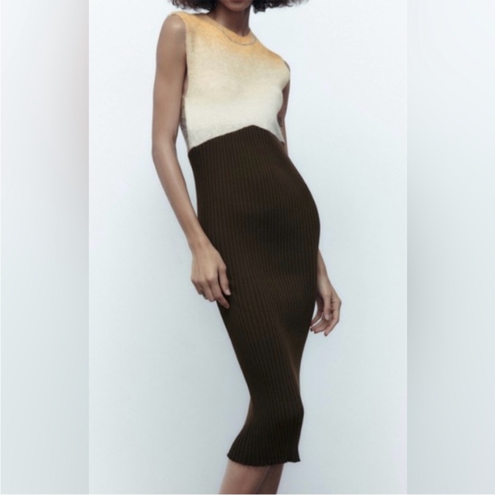 ZARA Brown and Cream Combination Ribbed Knit Sleeveless Dress